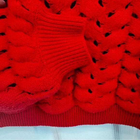 Alice + Olivia Bright Ruby Red Allene Cable Stitch Chunky Wool Sweater Sz. SP - Picture 7 of 11